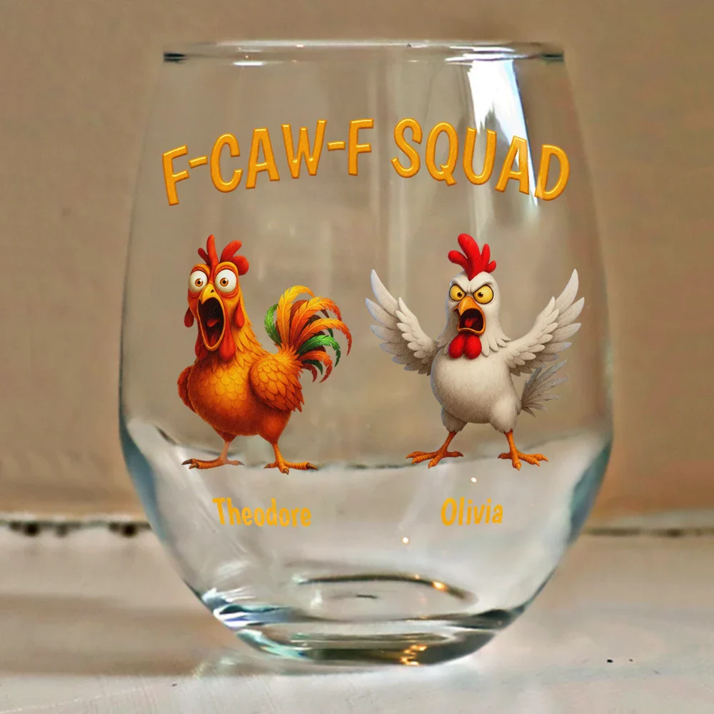 3D Effect Funny Chickens F-CAW-F Squad - Personalized Stemless Wine Glass - Image 4