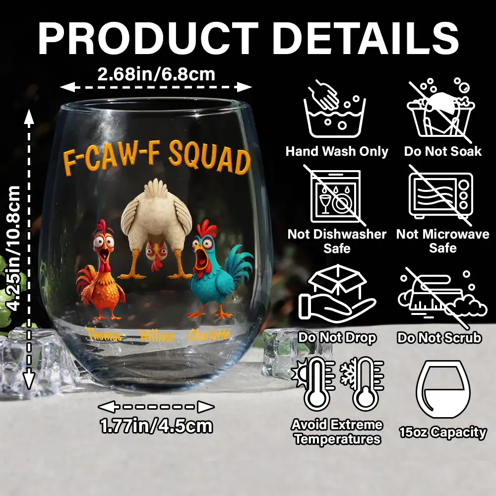 3D Effect Funny Chickens F-CAW-F Squad - Personalized Stemless Wine Glass - Image 5