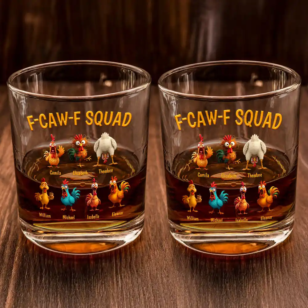 3D Effect Funny Chickens F-CAW-F Squad - Personalized Whiskey Glass - Image 2