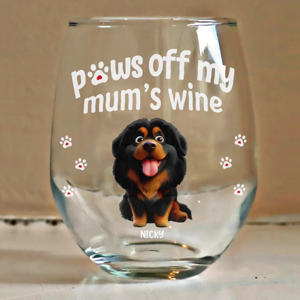 3D Effect Funny Dog Cat Paws Off My Mom's Wine - Personalized Stemless Wine Glass - Image 4