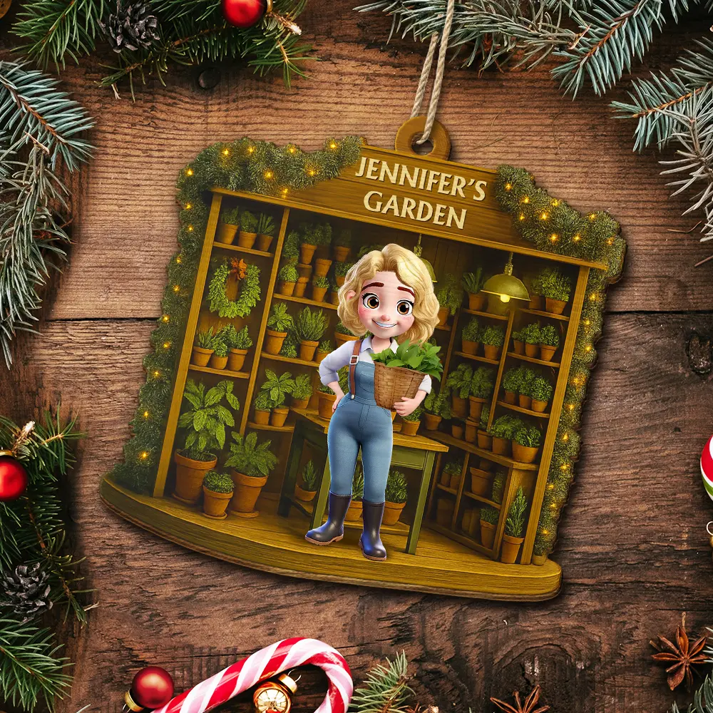 3D Effect Gardening Woman Man - Personalized Custom Shaped Wooden Ornament - Image 5