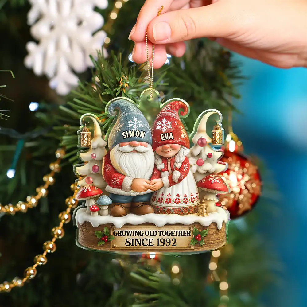 3D Effect Gnome Couple Growing Old Together - Personalized Custom Shaped Acrylic Ornament - Image 4