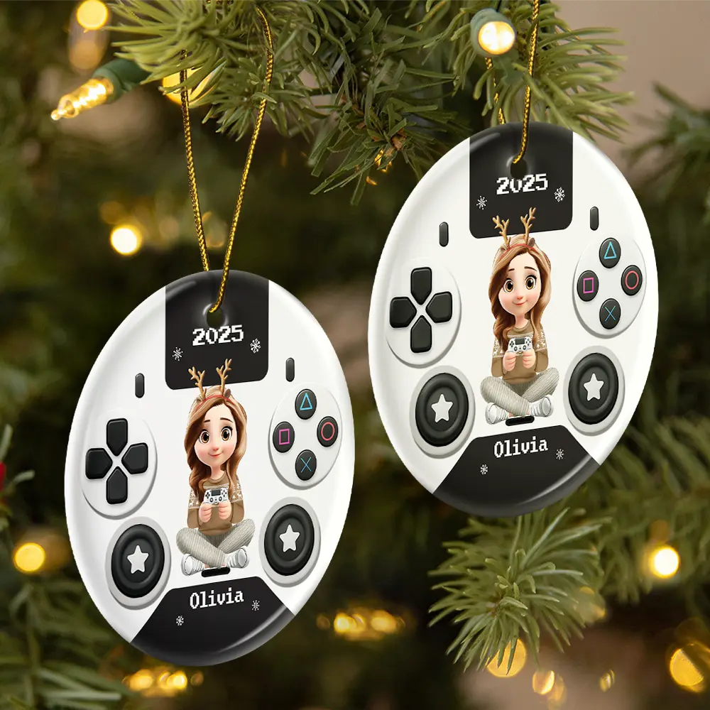 3D Effect Kids Gamer - Personalized Combo Circle Ceramic Ornament Set - Image 2