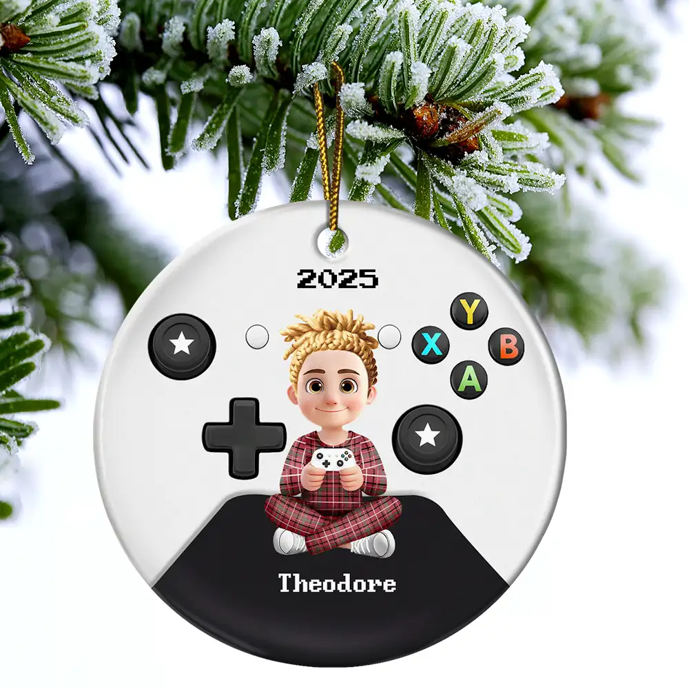 3D Effect Kids Gamer - Personalized Combo Circle Ceramic Ornament Set - Image 4