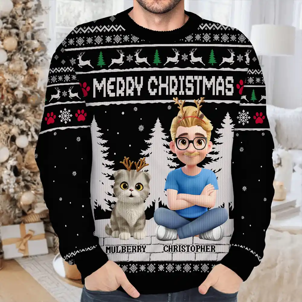 3D Effect Meowy Catmas - Personalized Unisex Ugly Sweater - Image 4