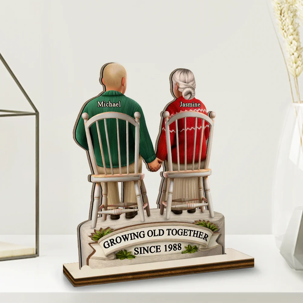 3D Effect Old Couple Growing Old Together - Personalized Custom Shaped 2-Layered Wooden Plaque - Image 2