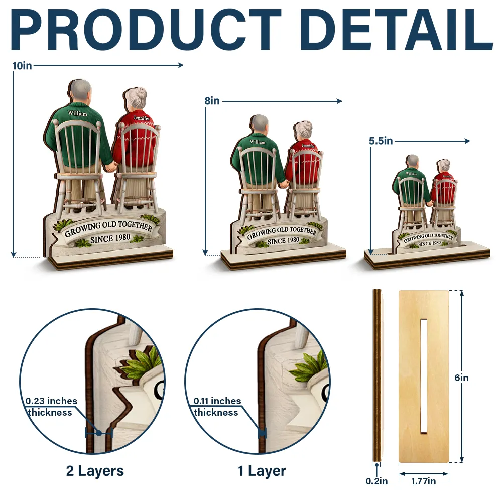 3D Effect Old Couple Growing Old Together - Personalized Custom Shaped 2-Layered Wooden Plaque - Image 4