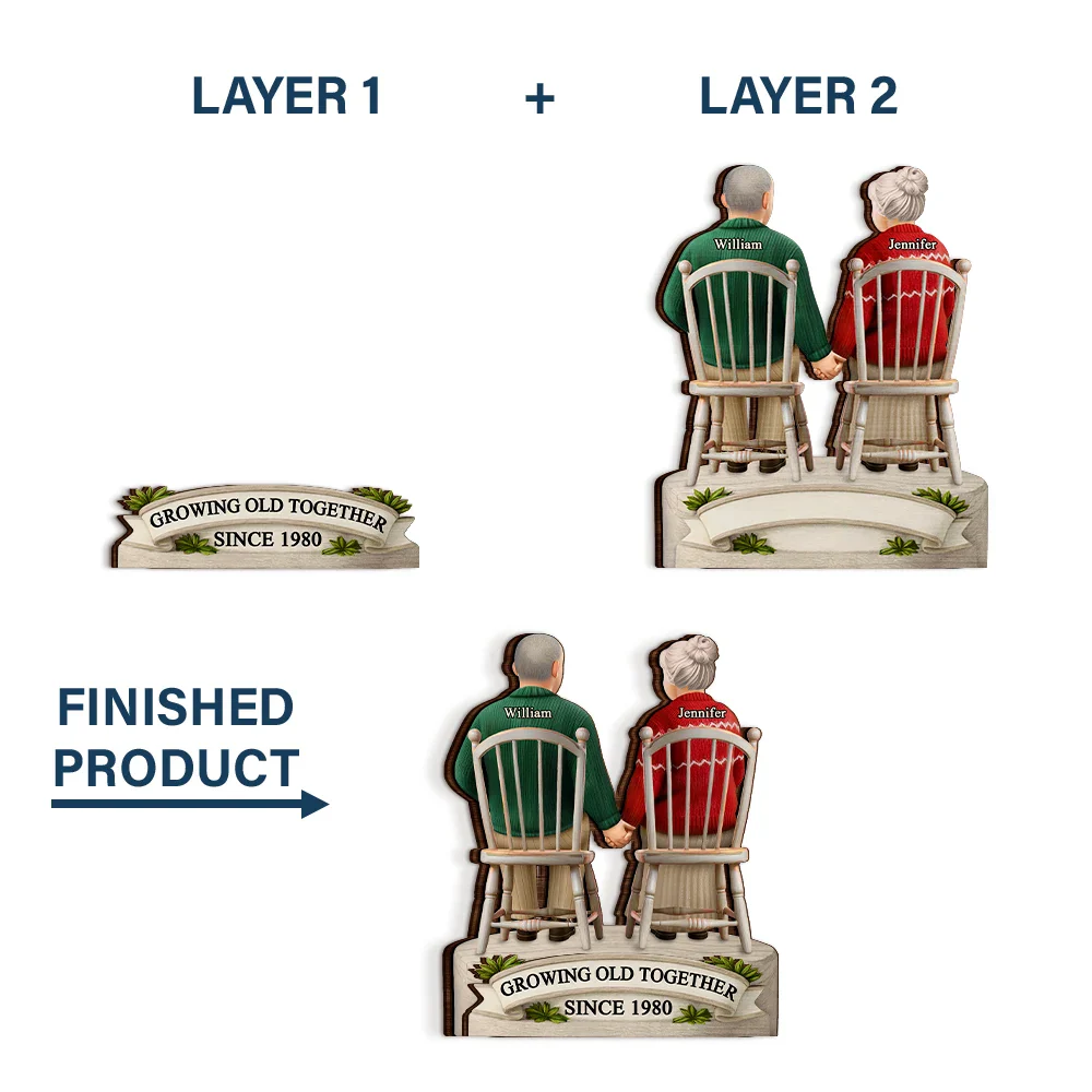 3D Effect Old Couple Growing Old Together - Personalized Custom Shaped 2-Layered Wooden Plaque - Image 5