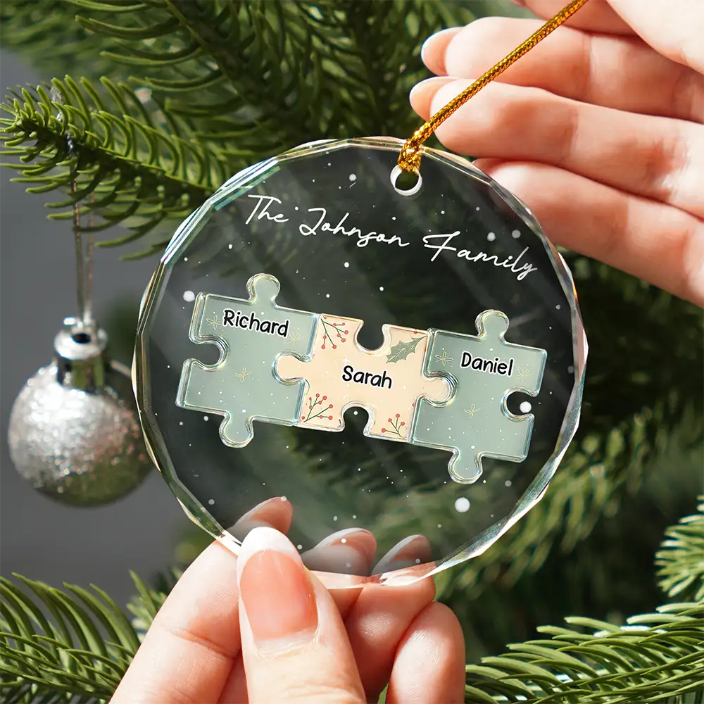 3D Effect Puzzle Family - Personalized Circle Glass Ornament - Image 3