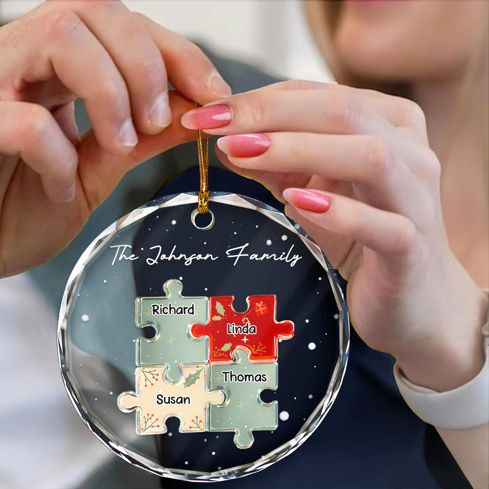 3D Effect Puzzle Family - Personalized Circle Glass Ornament - Image 5
