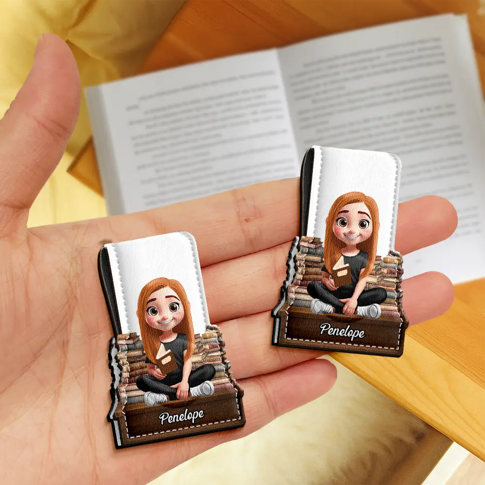 3D Effect Reading Girl Boy - Personalized Custom Shaped Leather Magnetic Bookmark - Image 3