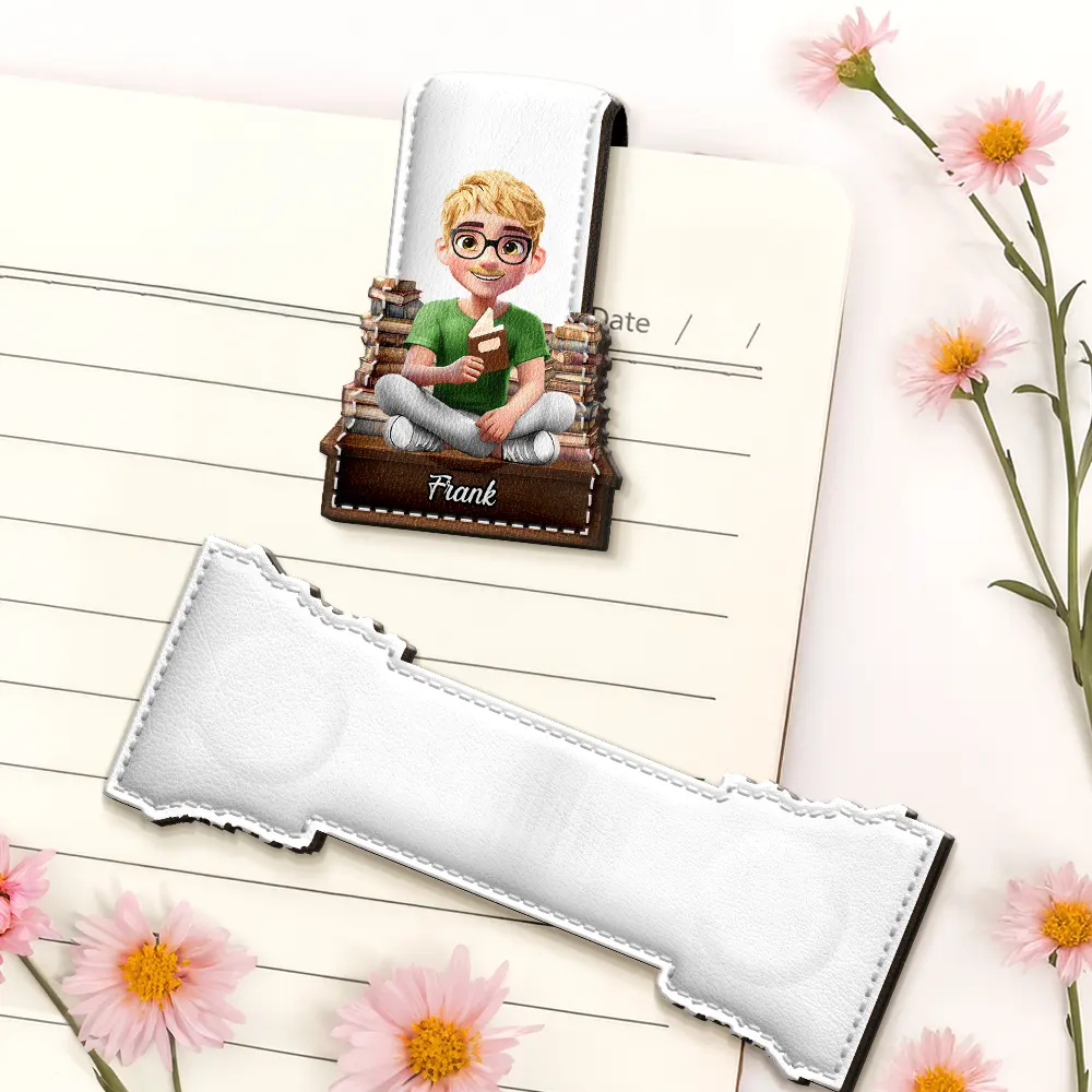 3D Effect Reading Girl Boy - Personalized Custom Shaped Leather Magnetic Bookmark - Image 5