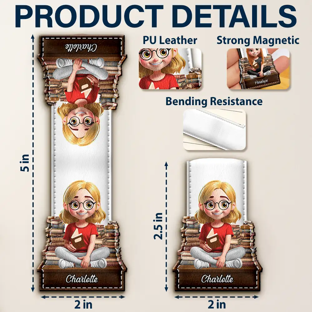 3D Effect Reading Girl Boy - Personalized Custom Shaped Leather Magnetic Bookmark - Image 6