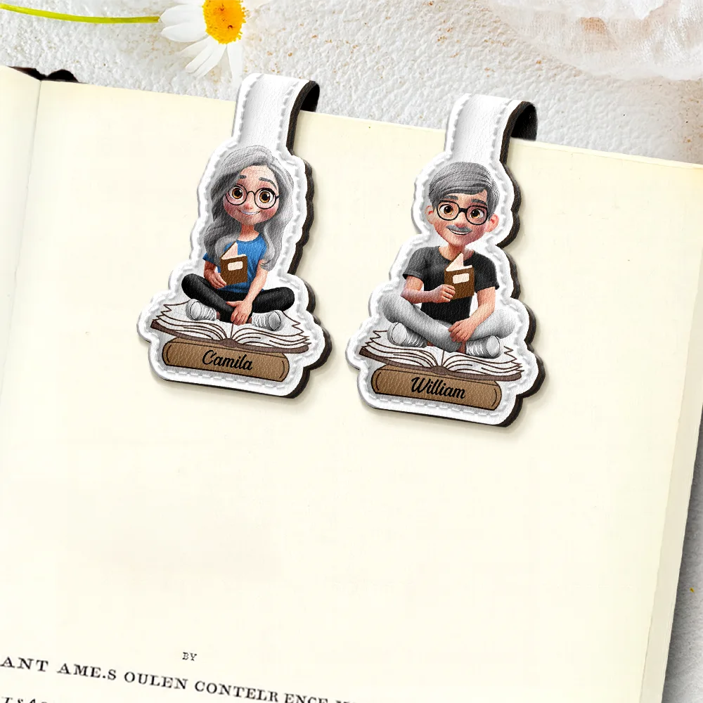 3D Effect Reading Woman Man Kid Family - Personalized Custom Shaped Leather Magnetic Bookmark - Image 2