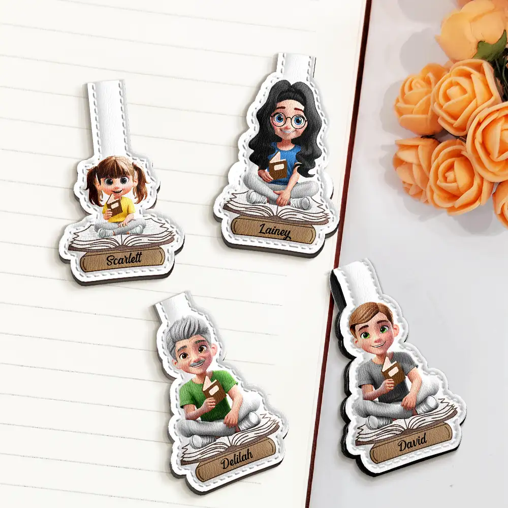 3D Effect Reading Woman Man Kid Family - Personalized Custom Shaped Leather Magnetic Bookmark - Image 3