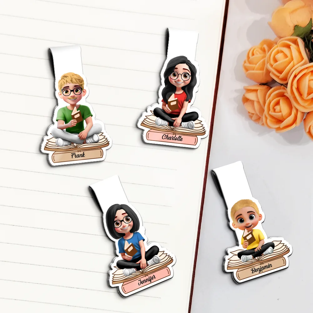 3D Effect Reading Woman Man Kid Family - Personalized Custom Shaped Magnetic Bookmark Clip - Image 2