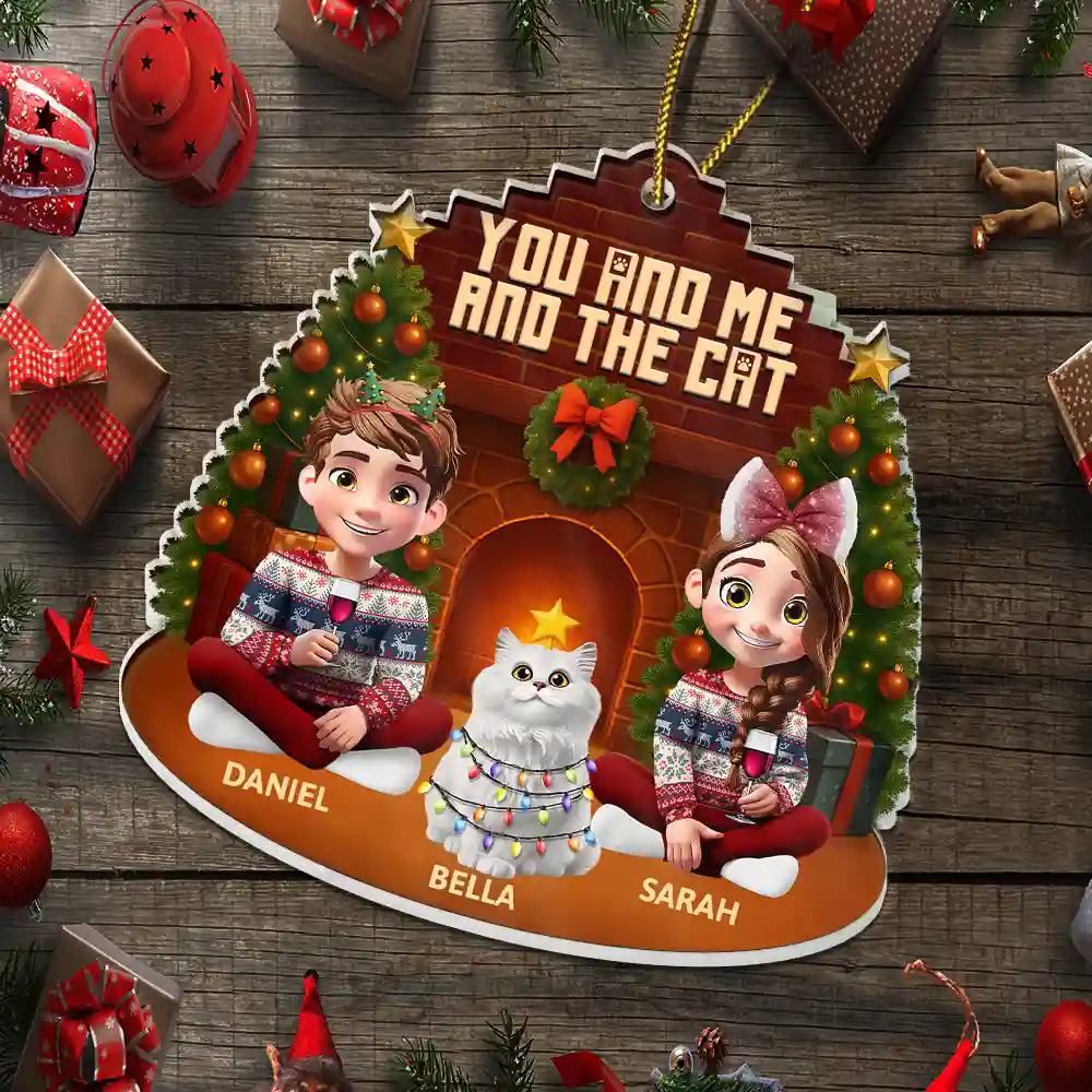 3D Effect Sitting Couple You And Me And The Cat - Personalized Custom Shaped Acrylic Ornament - Image 6