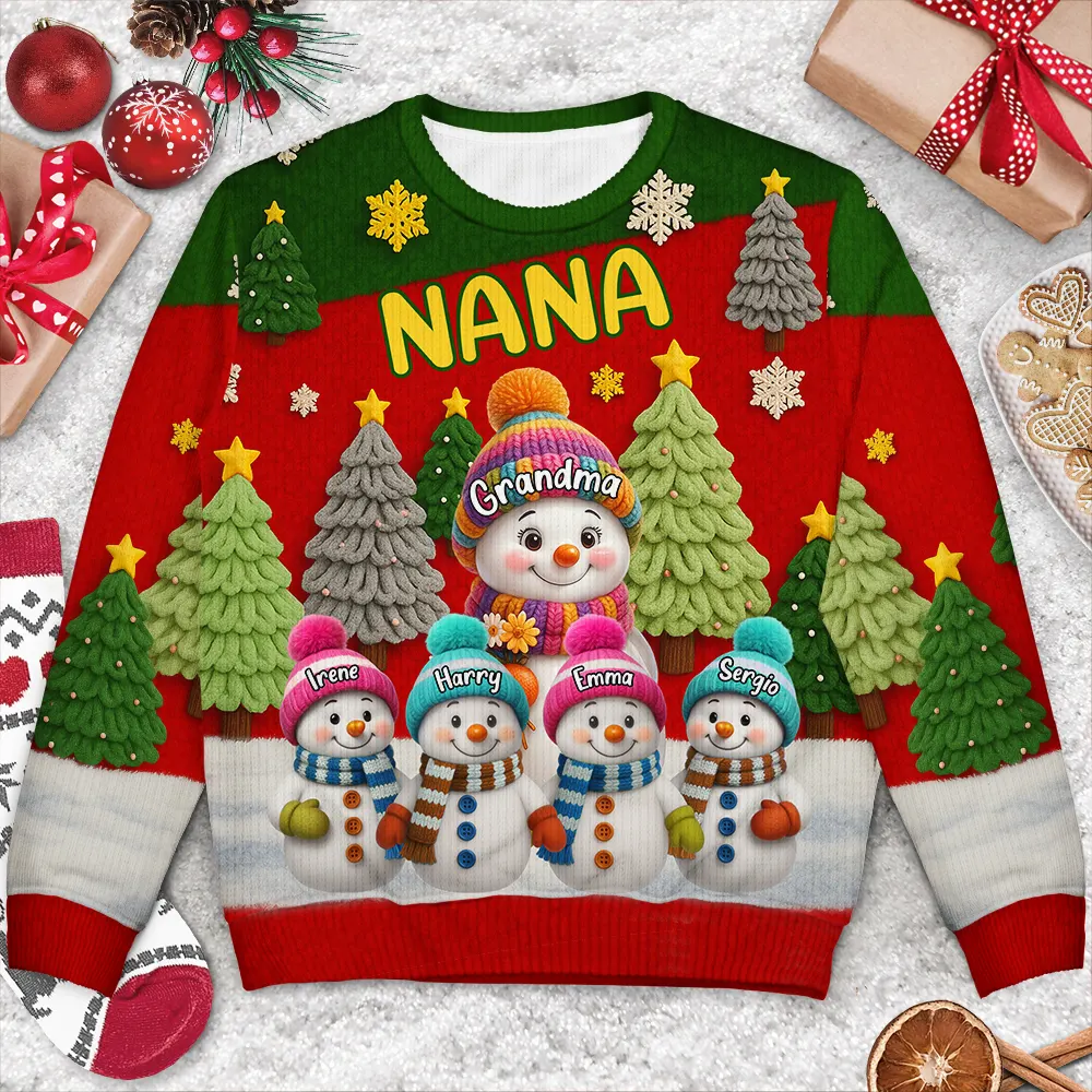 3D Effect Snowman Grandma Nana & Grandkids - Personalized Unisex Ugly Sweater - Image 2