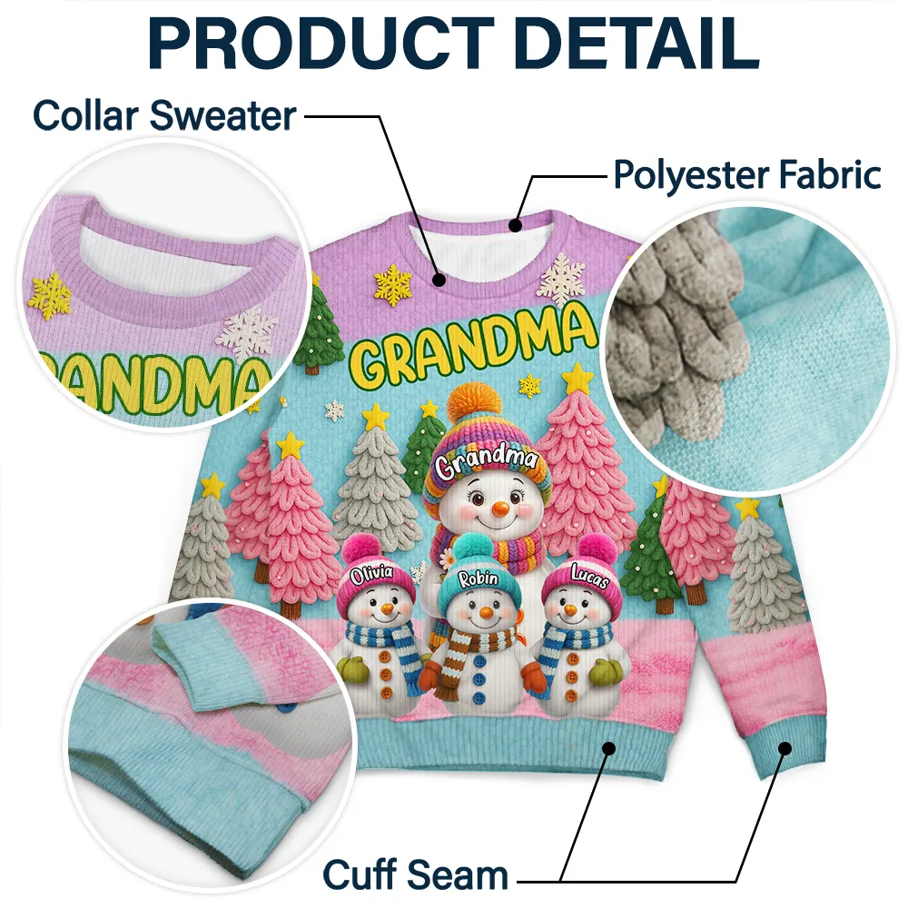 3D Effect Snowman Grandma Nana & Grandkids - Personalized Unisex Ugly Sweater - Image 5