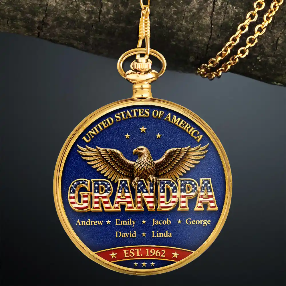 3D Effect Stars & Stripes Dad Grandpa And Kids Names - Personalized Pocket Watch - Image 3