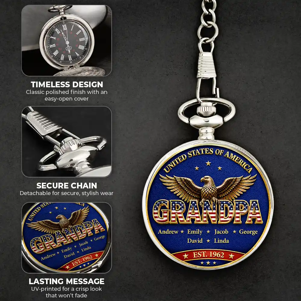 3D Effect Stars & Stripes Dad Grandpa And Kids Names - Personalized Pocket Watch - Image 6