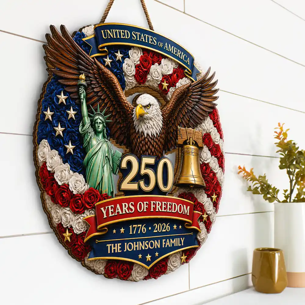 3D Effect Stars Stripes & Flowers 250 Years Of Freedom - Personalized Custom Shaped Wood Sign - Image 2