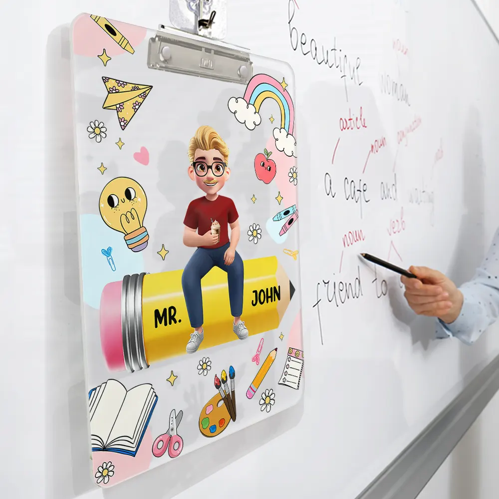 3D Effect Teacher Sitting On Pencil - Personalized Acrylic Clipboard - Image 3
