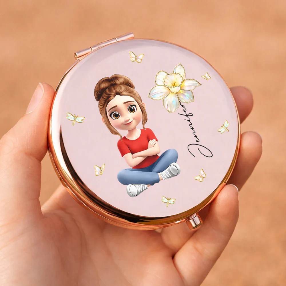 3D Effect Woman Kid Girl Sitting With Birth Flowers - Personalized Compact Mirror - Image 5