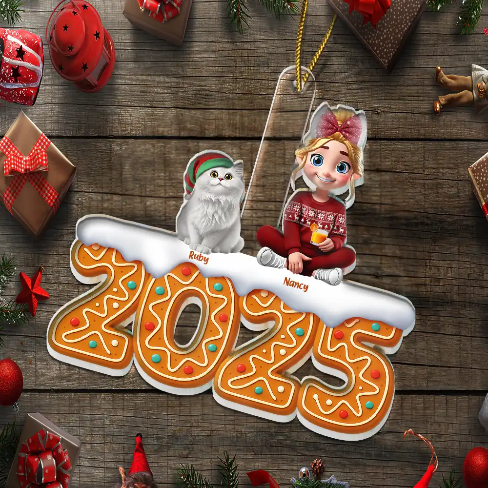 3D Effect Woman Man Sitting With Dog Cat Christmas Gingerbread - Personalized Custom Shaped Acrylic Ornament - Image 5