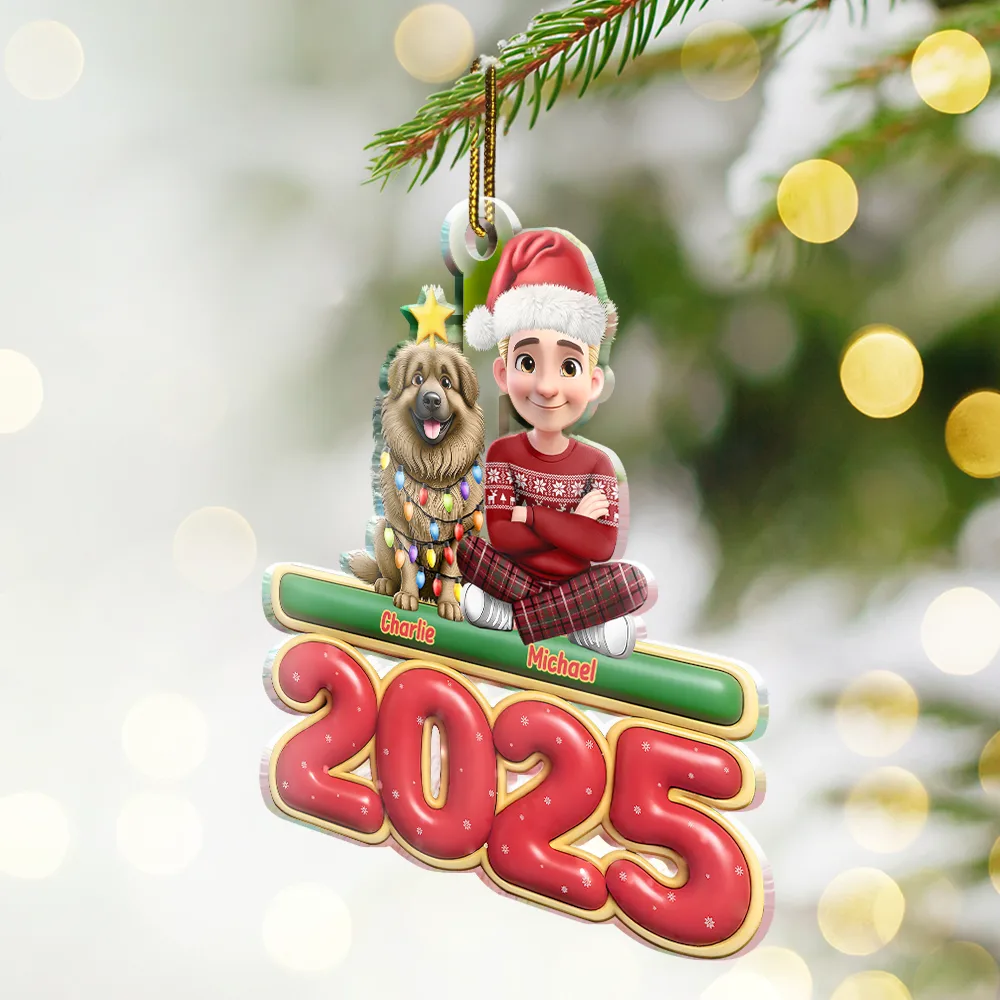3D Effect Woman Man With Dogs Christmas - Personalized Custom Shaped Acrylic Ornament - Image 3