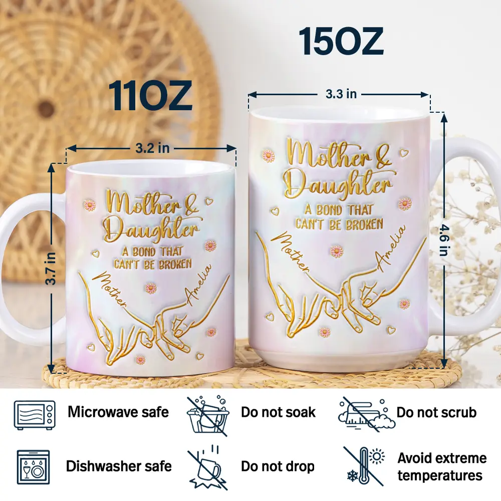 3D Inflated Effect Mother & Daughter A Bond That Can't Be Broken - Personalized White Edge-to-Edge Mug - Image 5