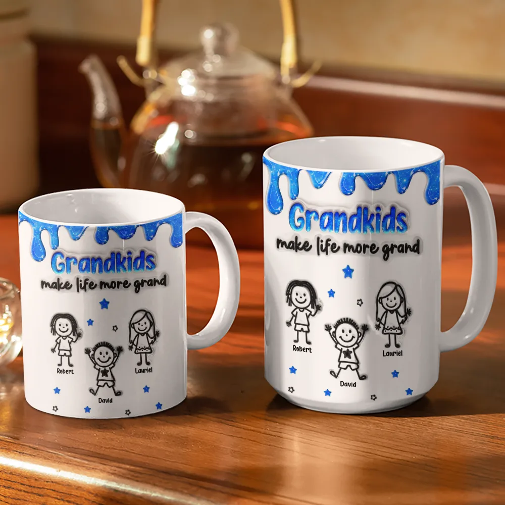 3D Inflated Effect Stick Figure Grandkids Make Life More Grand - Personalized White Edge-to-Edge Mug - Image 3