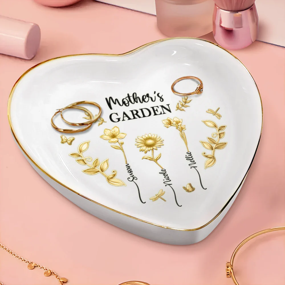 3D Metal Effect Birth Month Flowers Grandmas Moms Garden - Personalized Heart Ring Dish - Image 3
