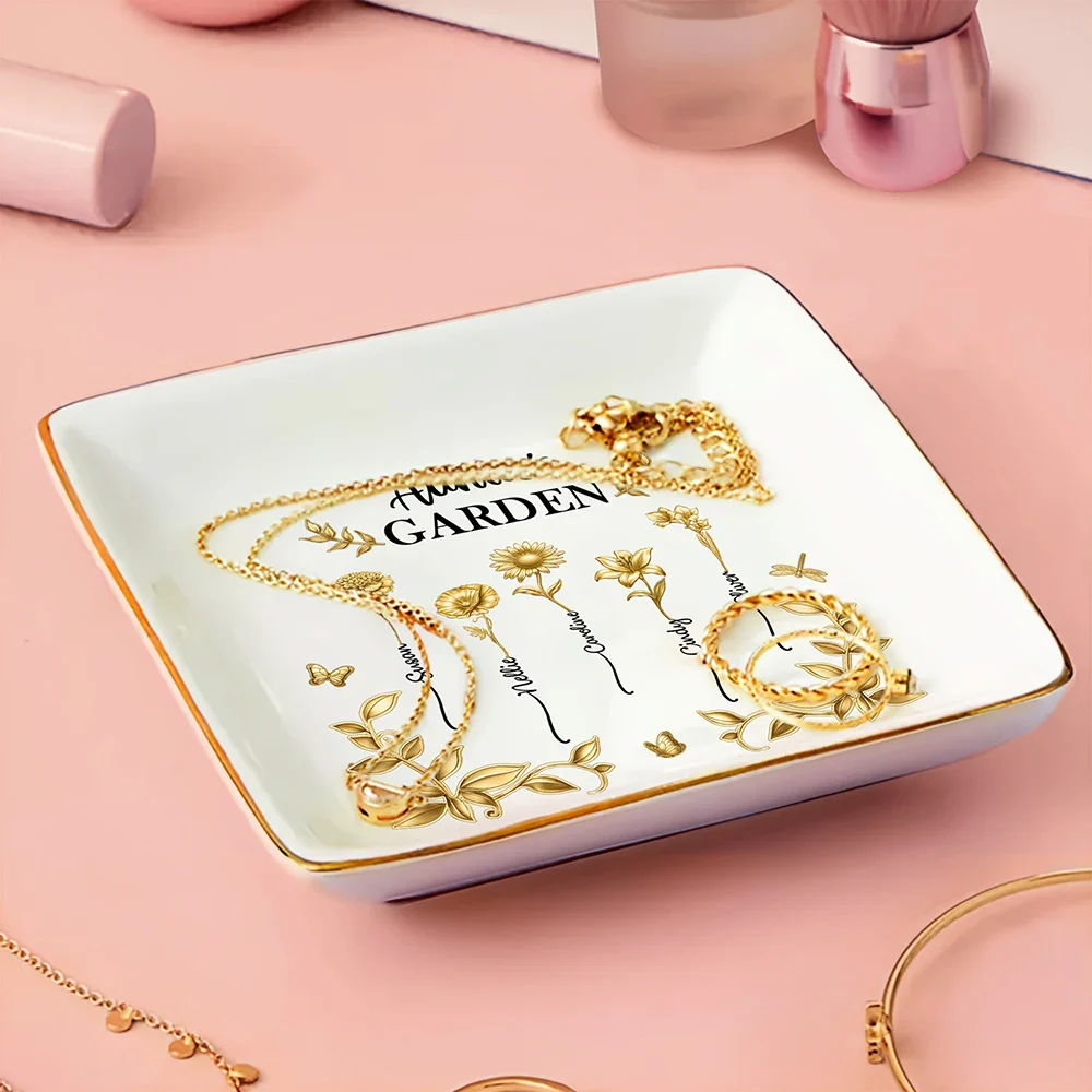 3D Metal Effect Birth Month Flowers Grandmas Moms Garden - Personalized Ring Dish - Image 3