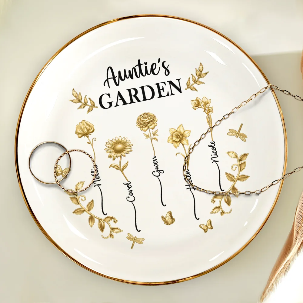 3D Metal Effect Birth Month Flowers Grandmas Moms Garden - Personalized Round Ring Dish - Image 4