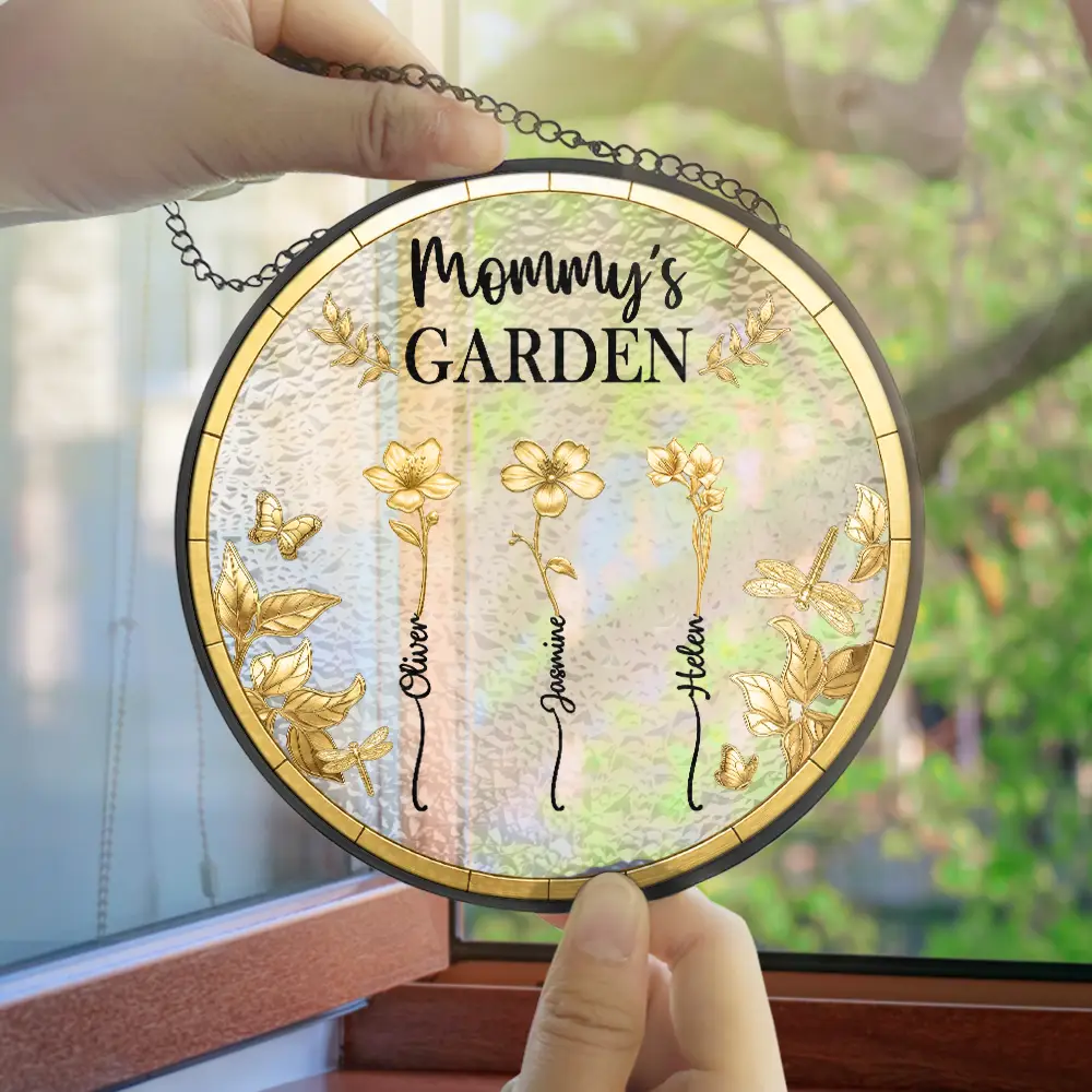 3D Metal Effect Birth Month Flowers Grandmas Moms Garden - Personalized Stained Glass Window Hanging Suncatcher - Image 4