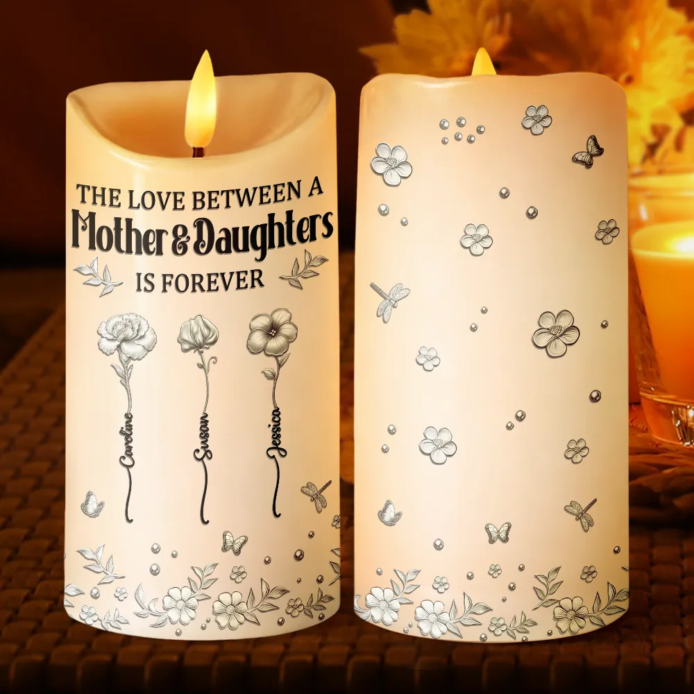 3D Metal Effect Birth Month Flowers Mother And Daughters - Personalized Flameless LED Candle - Image 2