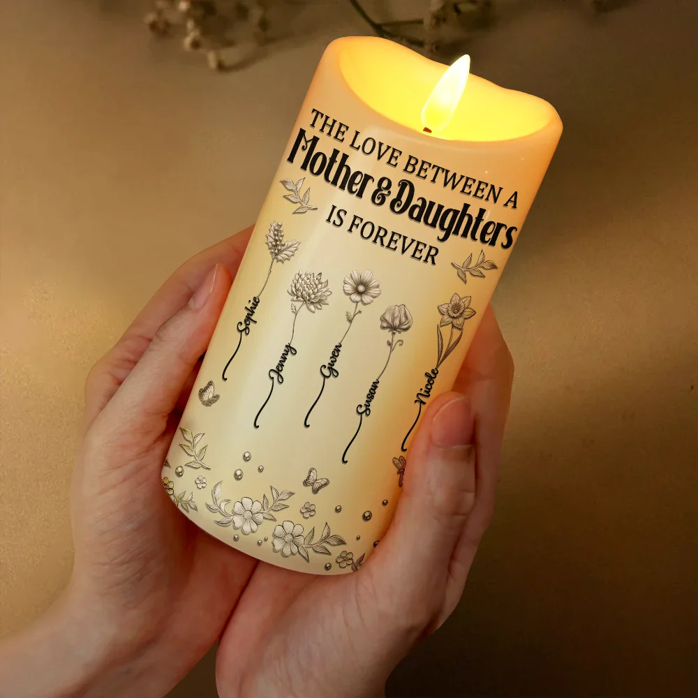 3D Metal Effect Birth Month Flowers Mother And Daughters - Personalized Flameless LED Candle - Image 3