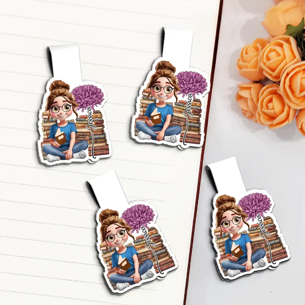 3D Reading Girl With Birth Month Flower - Personalized Custom Shaped Magnetic Bookmark Clip - Image 2