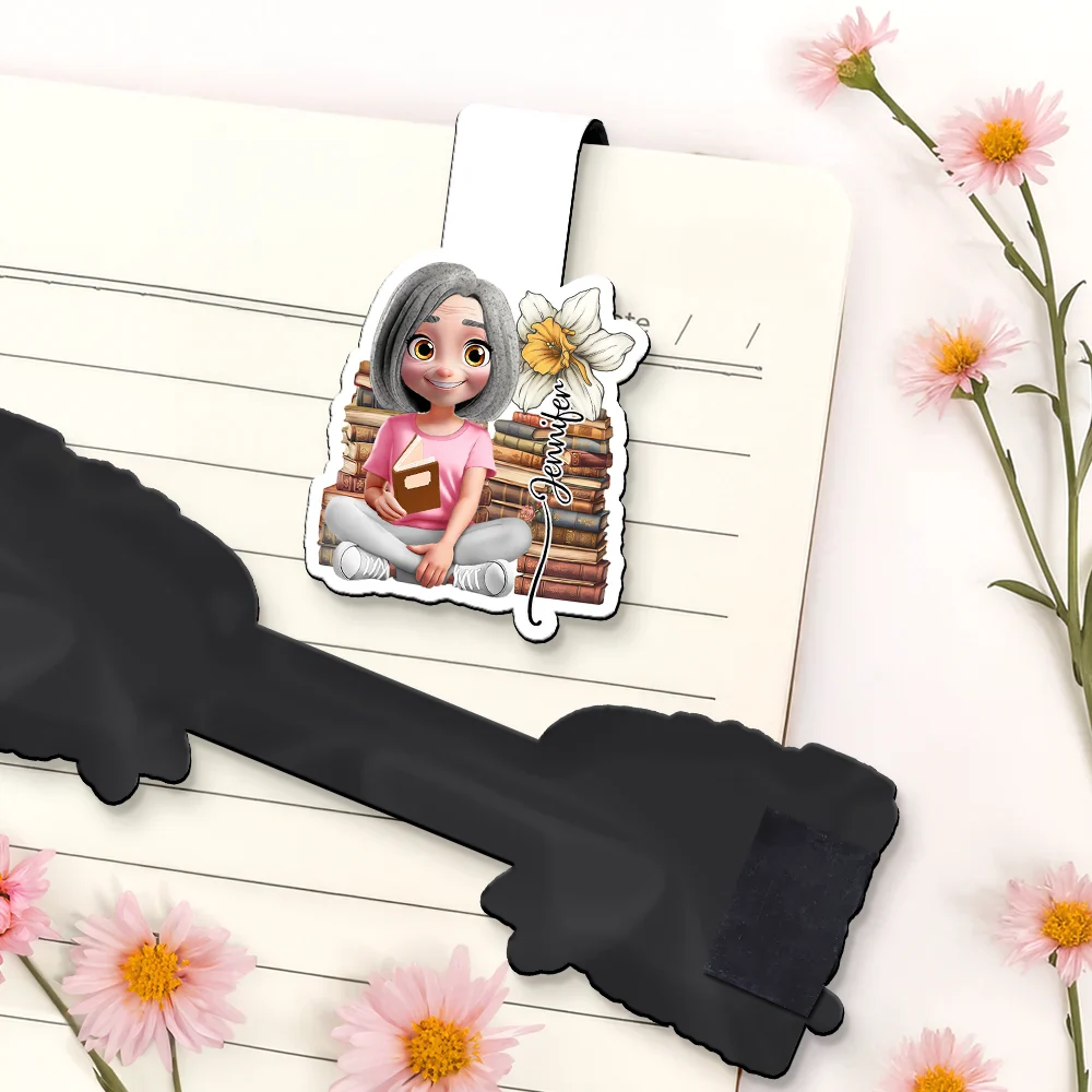 3D Reading Girl With Birth Month Flower - Personalized Custom Shaped Magnetic Bookmark Clip - Image 5