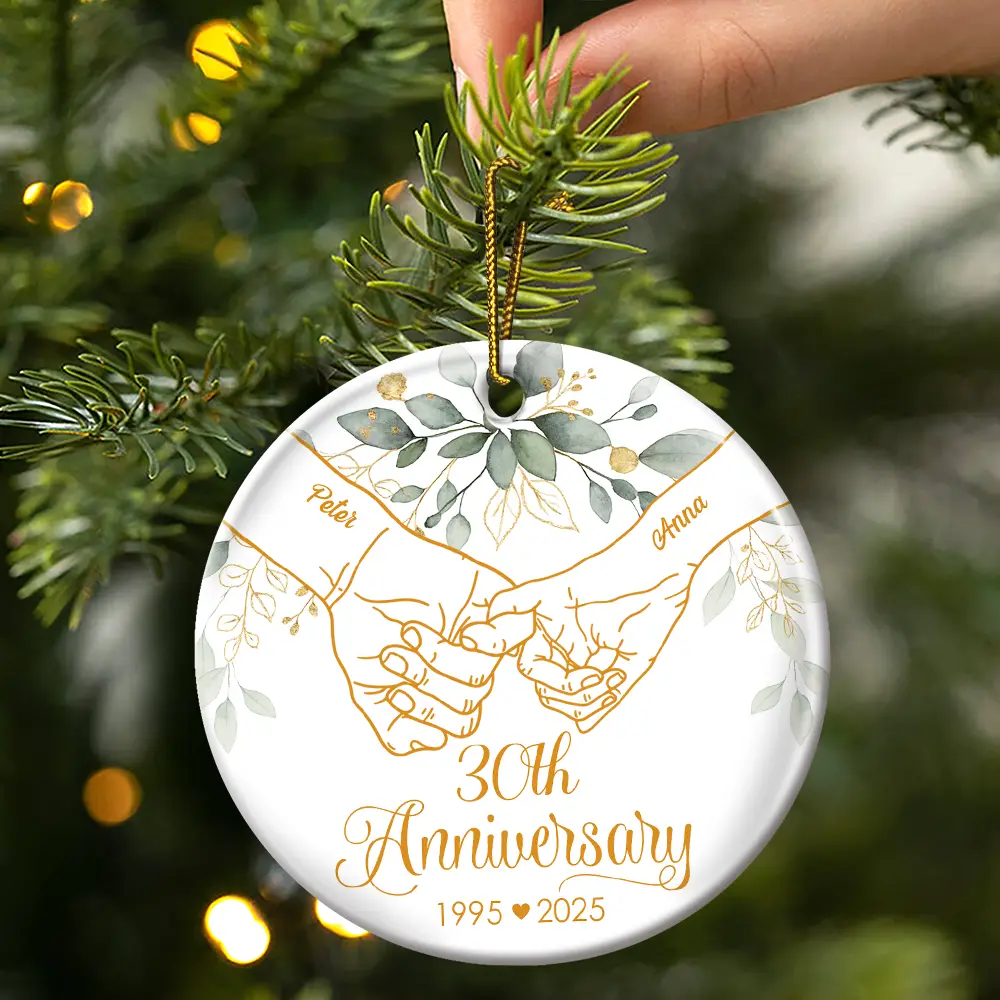 50th Anniversary Forever Holding Hands - Personalized Circle Ceramic Ornament - Image 3