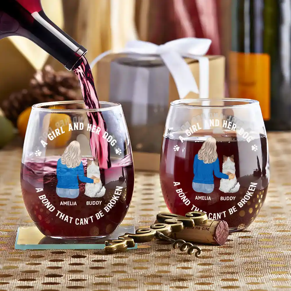 A Bond That Can't Be Broken Dog Mom Dog Dad - Personalized Stemless Wine Glass - Image 3