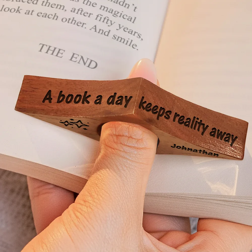 A Book A Day Keeps Reality Away - Personalized Walnut Book Page Holder - Image 4
