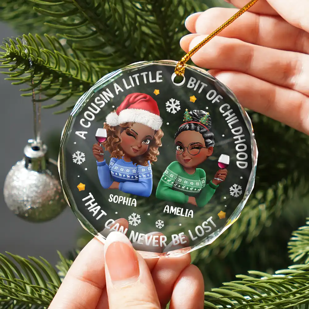 A Cousin Is A Little Bit Of Childhood 3D Effect - Personalized Circle Glass Ornament - Image 2