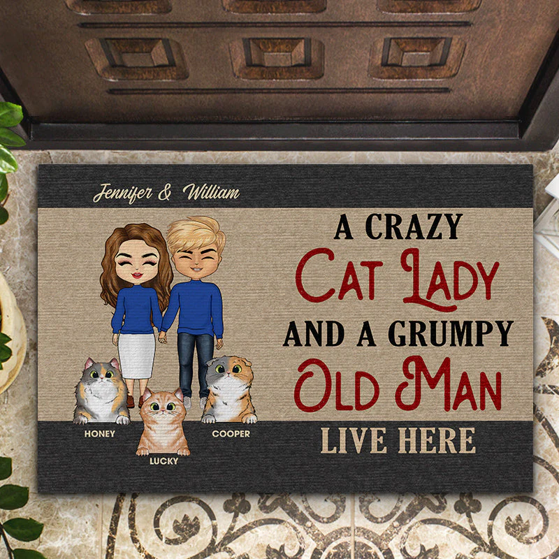 A Crazy Cat Lady And A Grumpy Old Man - Couple Gift - Personalized Custom Doormat - Image 2