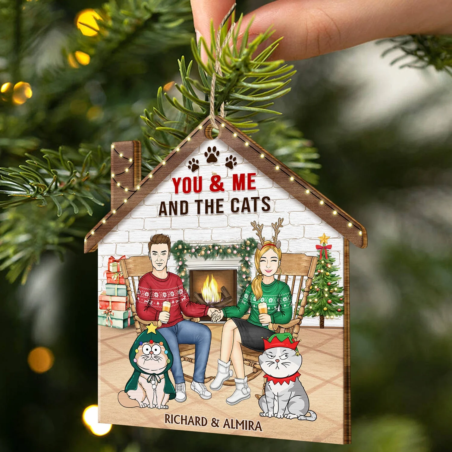 A Crazy Cat Lady And Her Grumpy Old Man Live Here - Christmas Gift For Couple, Pet Lovers And Family - Personalized Custom Shaped Wooden Ornament - Image 2