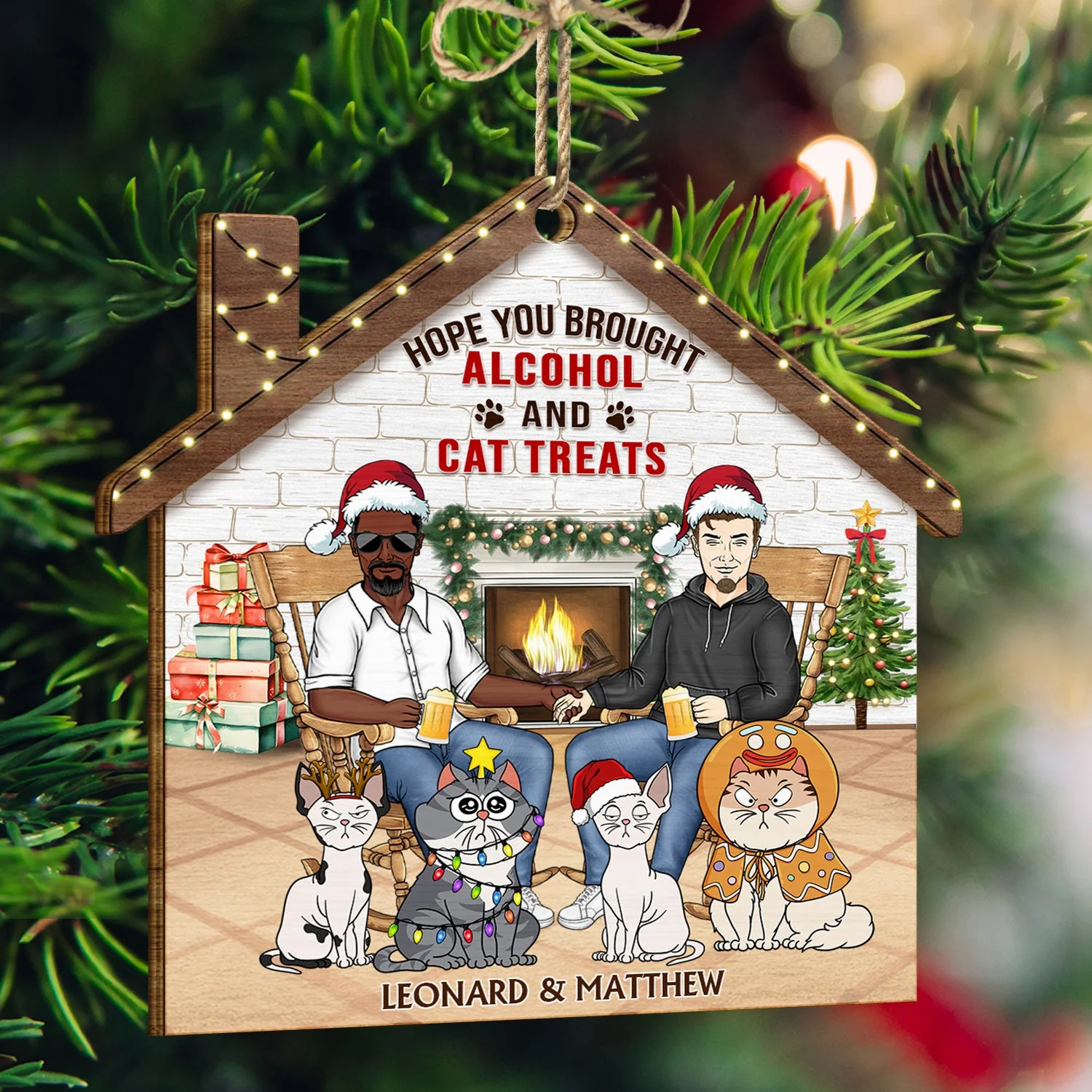 A Crazy Cat Lady And Her Grumpy Old Man Live Here - Christmas Gift For Couple, Pet Lovers And Family - Personalized Custom Shaped Wooden Ornament - Image 3
