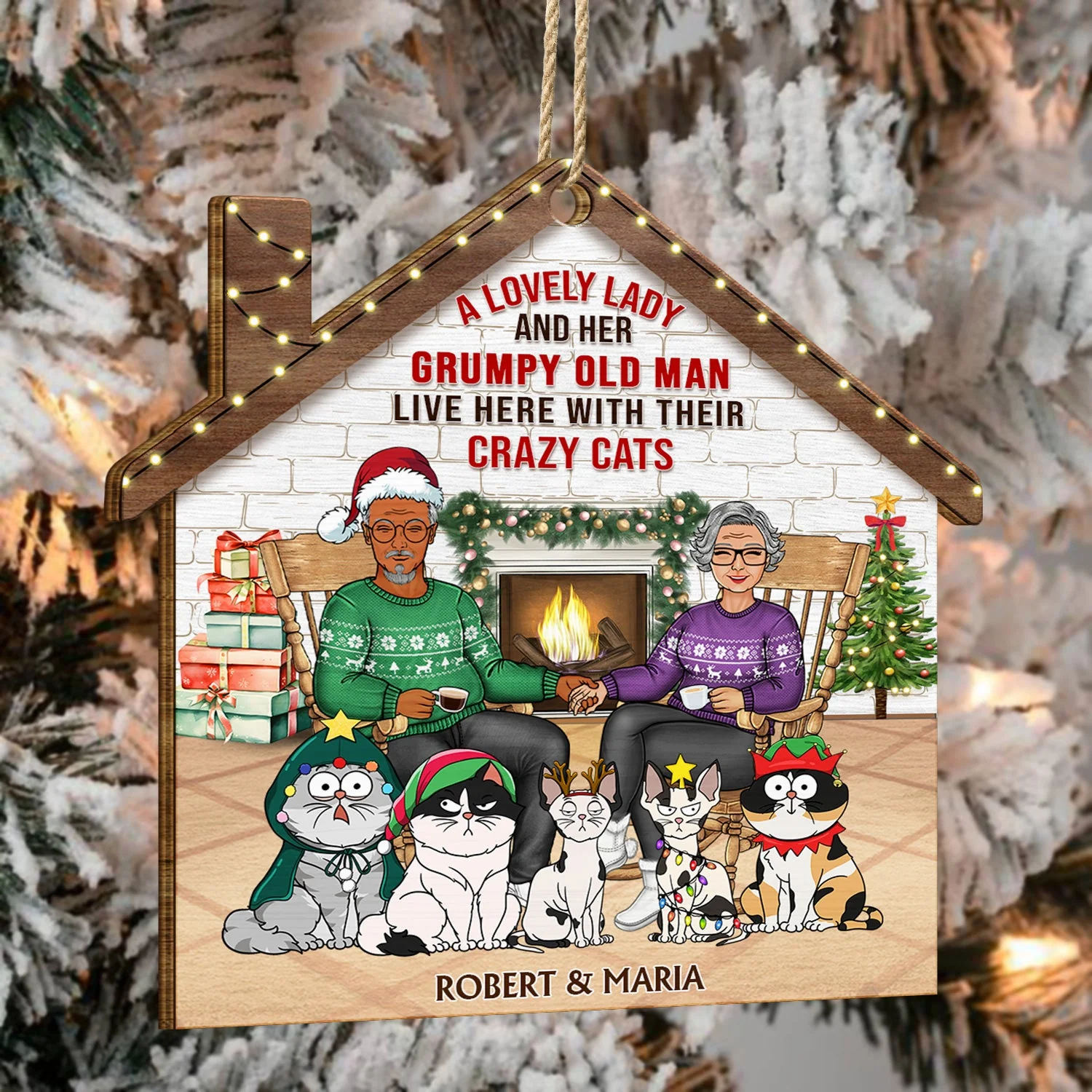 A Crazy Cat Lady And Her Grumpy Old Man Live Here - Christmas Gift For Couple, Pet Lovers And Family - Personalized Custom Shaped Wooden Ornament - Image 4