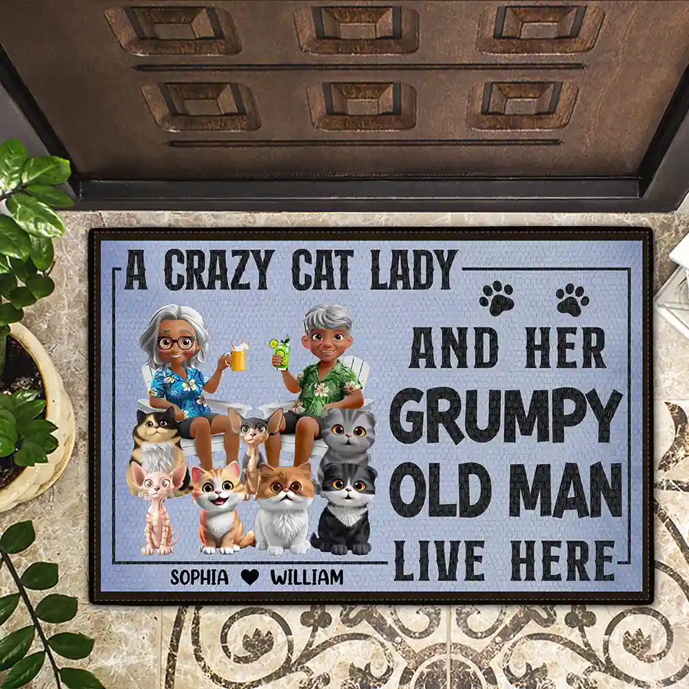 A Crazy Cat Lady And Her Grumpy Old Man Live Here Funny Decor - Personalized Doormat - Image 2