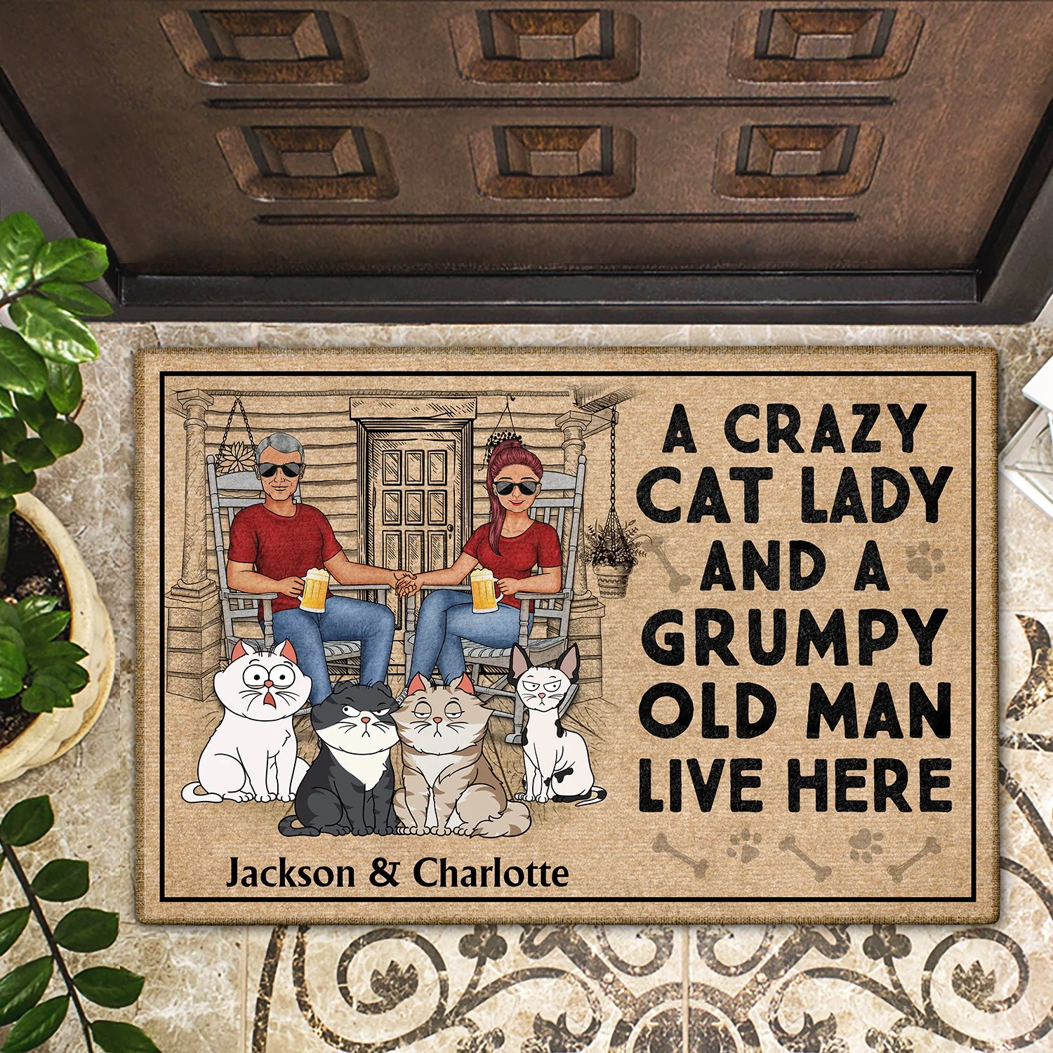 A Crazy Cat Lady And Her Grumpy Old Man Live Here - Home Decor For Couples, Pet Lovers - Personalized Doormat - Image 2
